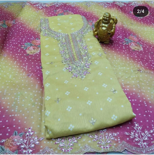 Blended Tussar Suit with Marodi Work and Bandhani Dupatta - Mehandi